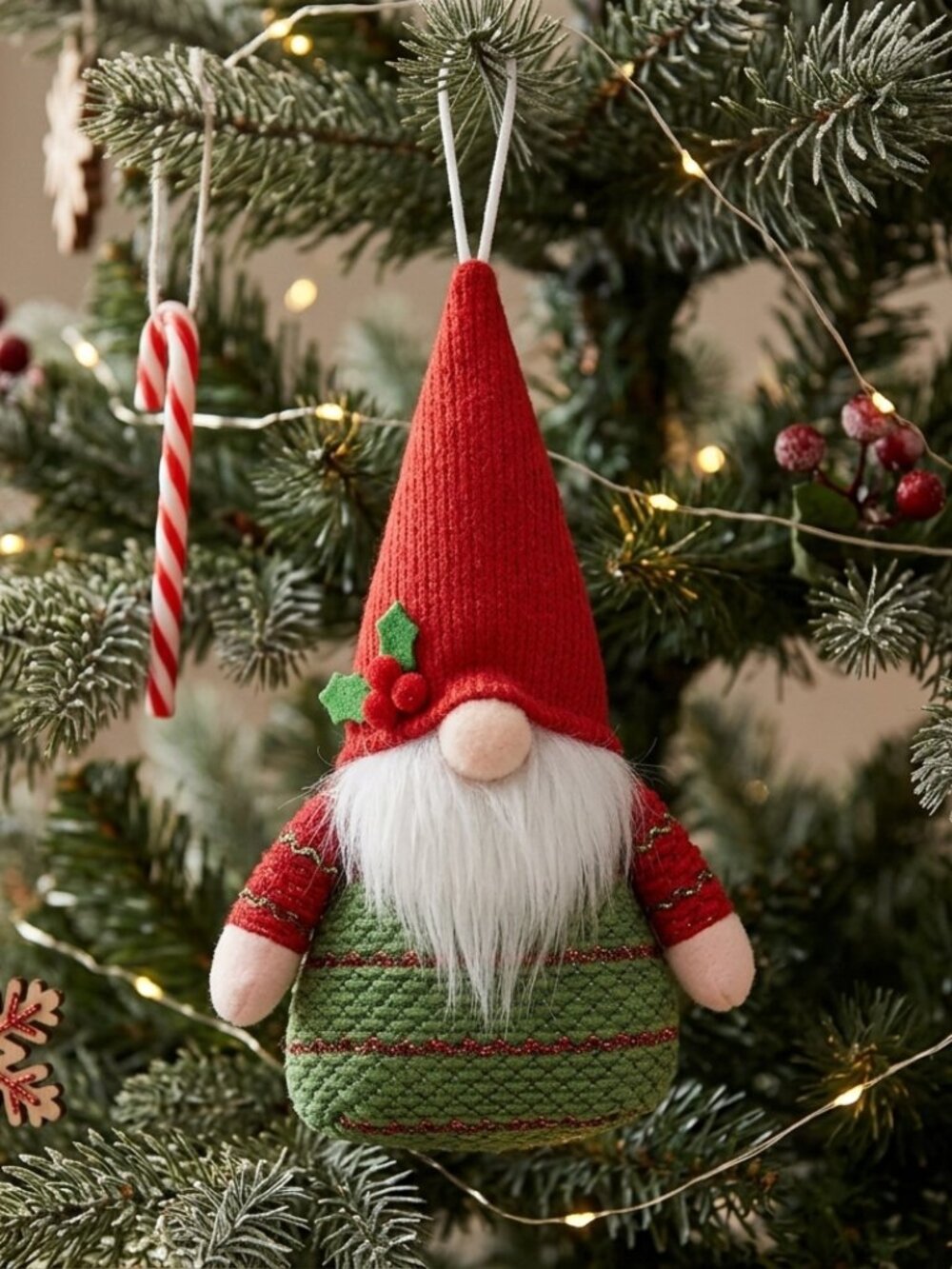 Plush Christmas Gnome Ornament Red Hat Green Striped Holiday Tree Decoration